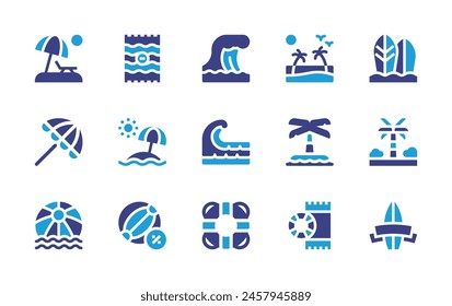 Beach icon set. Duotone color. Vector illustration. Containing sunbed, beach, umbrella, beachtowel, beachball, sunset, towel, surfboard, wave, island, palmtree, surf, lifesaver.