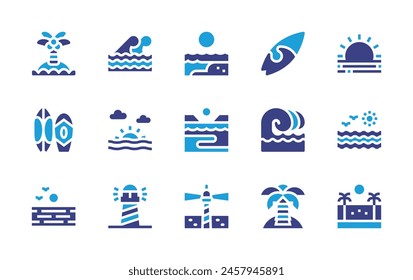 Beach icon set. Duotone color. Vector illustration. Containing beach, sunset, sunrise, surfingboard, island, coastline, wave, sea, surf, lighthouse.