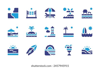 Beach icon set. Duotone color. Vector illustration. Containing sunumbrella, sunbathe, beachvolleyball, sunset, beach, sexonthebeach, surfboard, island, surf, lighthouse.