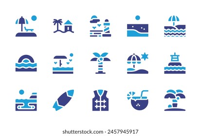 Beach icon set. Duotone color. Vector illustration. Containing lifejacket, beach, surfboard, coconutdrink, island, sunset, buoy, palm, sea.