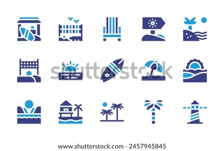 Beach icon set. Duotone color. Vector illustration. Containing beachhouse, stall, palmtrees, beachvolleyball, beachsunset, beachchair, beach, palmtree, surfboard, lighthouse.