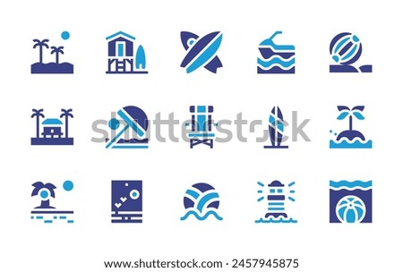 Beach icon set. Duotone color. Vector illustration. Containing beachhouse, beachvolleyball, beachball, beachchair, beach, surfboard, lighthouse, island, jetski.