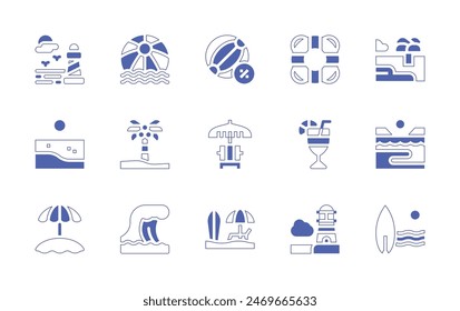 Beach icon set. Duotone style line stroke and bold. Vector illustration. Containing beachball, beach, sexonthebeach, coastline, wave, sunumbrella, surf, palmtree, sunbed, lighthouse, sea, lifesaver.