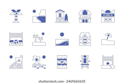 Beach icon set. Duotone style line stroke and bold. Vector illustration. Containing beach, lifeguard, beachhouse, lifevest, beachbar, beachtowel, beachvolleyball, beachchair, palm.