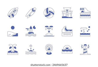 Beach icon set. Duotone style line stroke and bold. Vector illustration. Containing volleyball, beach, sunset, ocean, surfboard, wave, surf, sea, cadiz, lifeguard, lighthouse, island.