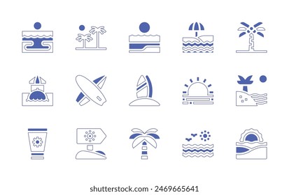 Strandsymbol gesetzt. Linienstrich im Duotonstil und fett. Vektorillustration. Enthält Palmen, Strand, Bar, Sonnenaufgang, Palme, Surfbrett, Sonnencreme, Brandung, Meer.