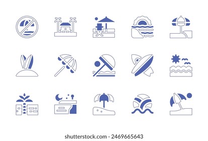 Beach icon set. Duotone style line stroke and bold. Vector illustration. Containing umbrella, beachhouse, sea, beachumbrella, beachvolleyball, beach, nobeach, surfboard, coconuttree.