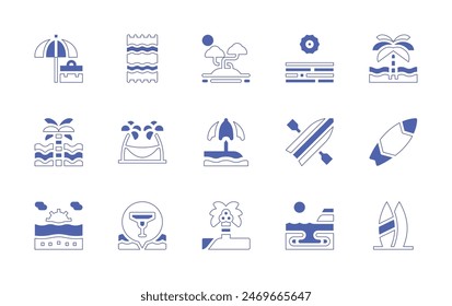 Beach icon set. Duotone style line stroke and bold. Vector illustration. Containing beach, holidays, beachtowel, surfboard, paddleboarding, location, palmtree, hammock, island.