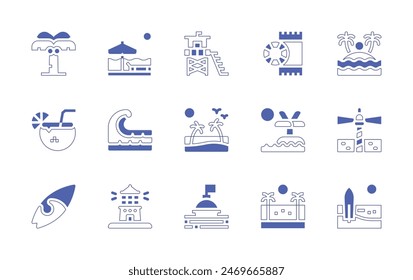 Beach icon set. Duotone style line stroke and bold. Vector illustration. Containing beach, sunset, surfingboard, coconutdrink, wave, lighthouse, buoy, surf, island, makapulighthouse.