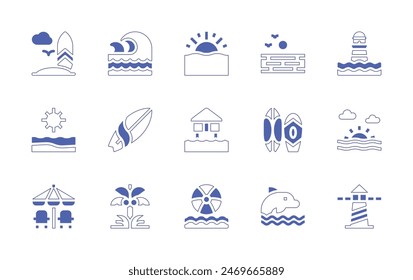 Beach icon set. Duotone style line stroke and bold. Vector illustration. Containing beachhut, sunset, surfingboard, sunbathing, sun, ball, surf, dolphin, lighthouse, coconuttree.