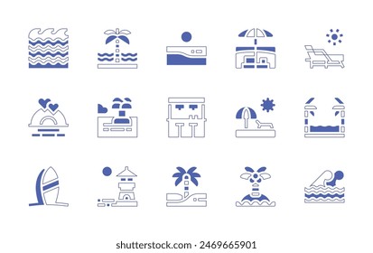 Beach icon set. Duotone style line stroke and bold. Vector illustration. Containing beach, beachbar, sunset, surfing, island, wave, sunbathing, seawaves, ocean, lounger, lighthouse, palmtree.