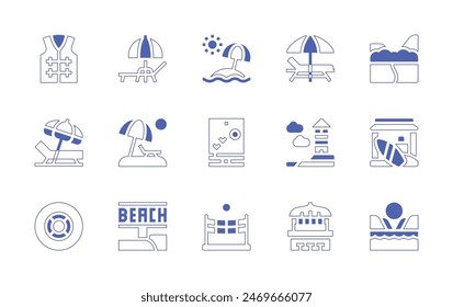 Beach icon set. Duotone style line stroke and bold. Vector illustration. Containing sunbed, beach, sunumbrella, stall, lifejacket, beachvolleyball, lifeguard, beachumbrella, beachchair, lighthouse.