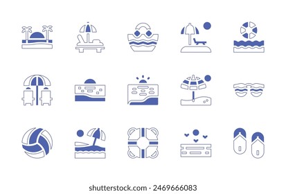 Beach icon set. Duotone style line stroke and bold. Vector illustration. Containing volleyball, sunglasses, beach, vacation, sunbed, lifesaver, sea, flipflops, beachbag, beachball.