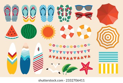 Beach icon set. Beach elements and objects. Isolated Vector Illustration. Beach, umbrellas, sunbeds, chairs, games, tubes, shells, palm trees.
Top view