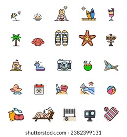 Color relleno del conjunto de iconos de la playa. signo de estilo lineal para concepto móvil y diseño web. vector de conjunto de iconos simple de playa. Símbolo, ilustración del logotipo. Gráficos vectoriales perfectos para píxeles