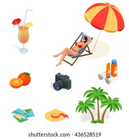 Beach Icon Set. Girl In A Swimsuit On A Deck Chair, Orange Juice, Sun-umbrella, Palm, Glasses, Photo, Photo Camera, Hat, Cream. Flat 3d Vector Isometric Illustration