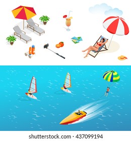 Beach icon set. Girl in a swimsuit on a deck chair, orange juice, sun umbrella, palm, sun glasses, photo, photo camera, sun hat, sun cream. Flat 3d vector isometric illustration.