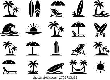 Beach Icon Set Minimal Vector Silhouette Palm Trees Summer