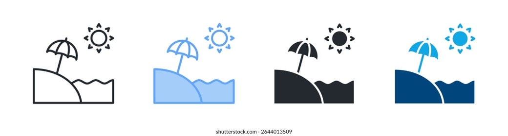 Ícone De Praia Definir Vários Estilos. Design Em Contorno, Azul, Glifo, Tom Duplo