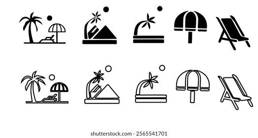 beach icon set. palm, sun umbrella, sunset and sunbed. sea vacation symbol. isolated vector image for tourism design