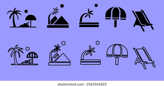 beach icon set. palm, sun umbrella, sunset and sunbed. sea vacation symbol. isolated vector image for tourism design