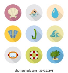 Beach icon set. Round form. Long shadow. Isolated on white background. Vector illustration.