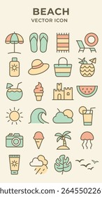 Beach Icon Set – Summer Vacation, Travel, Holiday Flat Line Vector Collection - flip-flops, sunhat, wave, palm tree, ice cream, cocktail, watermelon, camera, umbrella...