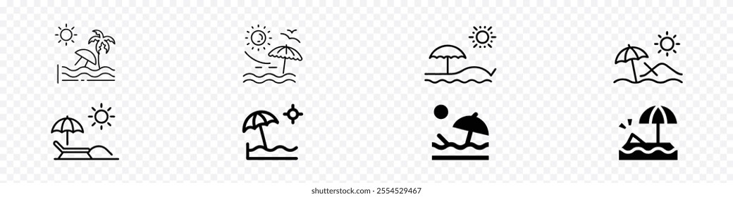 Beach icon set, Summer Beach Vector Line Icon, Beach chair with umbrella different style icon set.