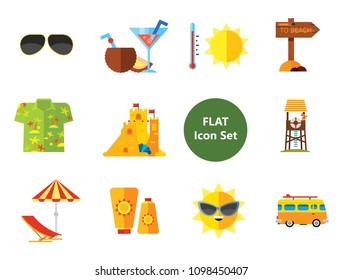 Beach Icon Set. Sun In Sunglasses Swimming Surf Board Bus Sun Umbrella Sunblock Cream Cocktails Sand Castle Aloha Shirt Lifeguard Tower Sunglasses Pointer To Beach Flippers And Diving Mask Summer Heat