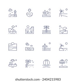 Beach icon set. Thin line icon. Editable stroke. Containing sea, rocky, beach, beach ball, sun umbrella.