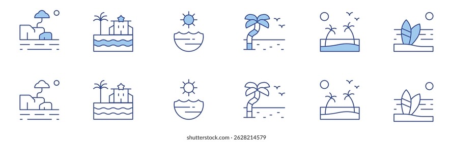 Beach icon set in two styles, Duotone and Thin Line style. Editable stroke. rocky, beach, sunset