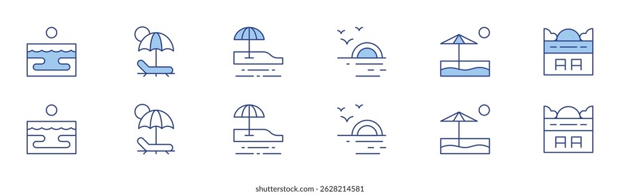 Beach icon set in two styles, Duotone and Thin Line style. Editable stroke. beach, sunset