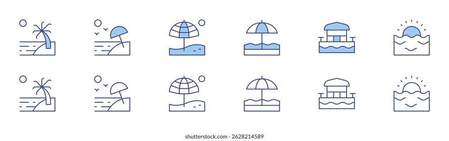 Beach icon set in two styles, Duotone and Thin Line style. Editable stroke. beach
