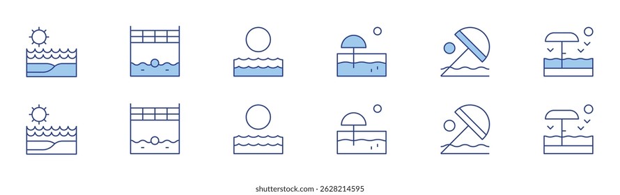 Beach icon set in two styles, Duotone and Thin Line style. Editable stroke. beach, beach volleyball