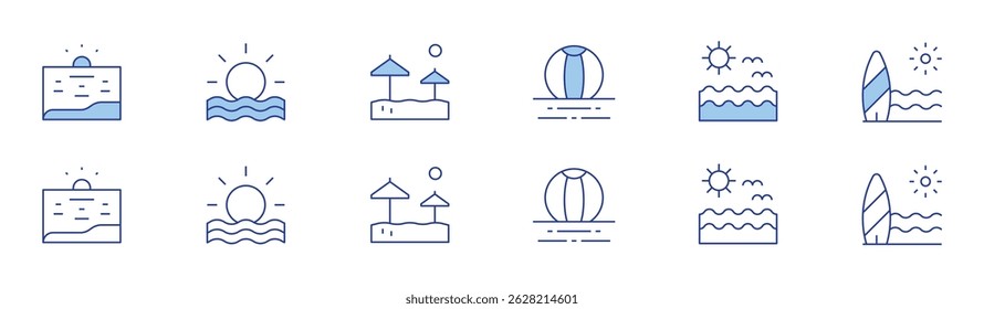 Beach icon set in two styles, Duotone and Thin Line style. Editable stroke. beach, beach ball, sun, sea.