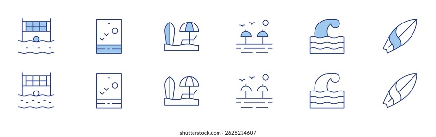 Beach icon set in two styles, Duotone and Thin Line style. Editable stroke. beach volleyball, beach, wave, surfing board.