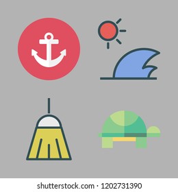 beach icon set. vector set about anchor, turtle, broom and waves icons set.