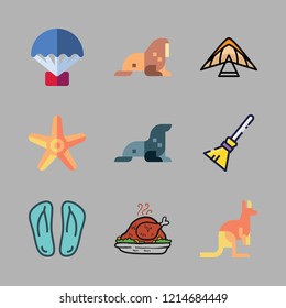 beach icon set. vector set about paragliding, turkey, broom and flip flops icons set.