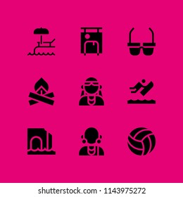 beach icon set with volleyball, riverboarding and suitcase vector icons for web and graphic design