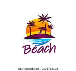 Beach icon, summer tropical island with palms and sunrise on sea, vector symbol. Beach with sunbed and umbrella at ocean shore with palm trees silhouettes in sun for paradise island or resort hotel