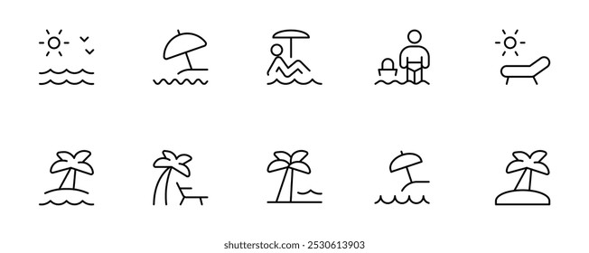 Beach icon, summer, vacation, beach umbralla elements vector set design with Editable Stroke. Line, Solid, Flat Line, thin style and Suitable for Web Page, Mobile App, UI, UX design.