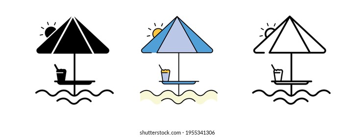 Beach icon. Beach umbrella, sand and beach icon set. Silhouette, colorful and linear icon set. Line icons of sea, beach objects. Editable line. Logo, web and app pixelated design.