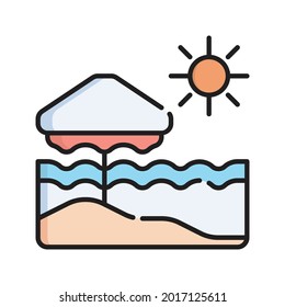 Ilustración del vector de iconos de la playa. Dibujo de esquema plano. Concepto de icono de viajes y turismo Vector Premium aislado