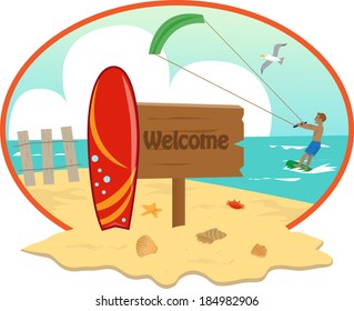 Beach - Beach icon with a welcome sign and surfboard in the front, and a man kite surfing in the background. Eps10