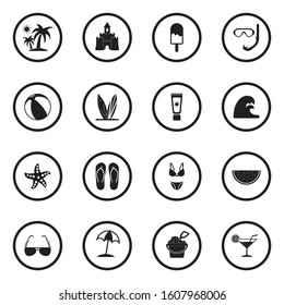 Beach Icons. Black Flat Design In Circle. Vector Illustration.