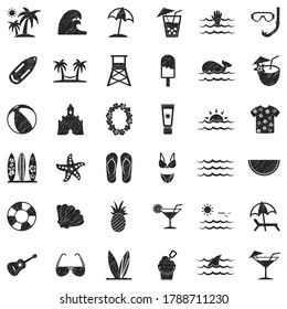 Beach Icons. Black Scribble Design. Vector Illustration.