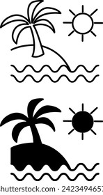 Beach Icons. Black and White Vector Icons. Tropical Island with Palm Tree, Sun, and Ocean Waves. Travel and Vacation Concept
