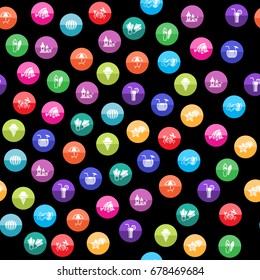 Beach icons in color circles. Seamless pattern. Background vector illustration.