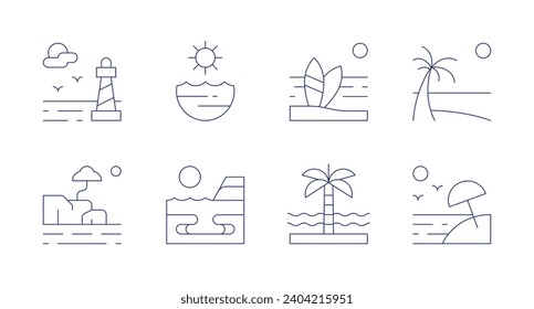 Iconos de playa. Trazo editable. Conteniendo mar, rocas, playa.