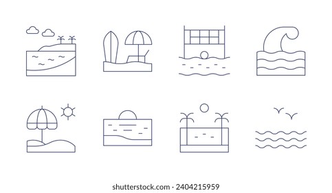 Beach icons. Editable stroke. Containing beach, beach volleyball, wave, sea.